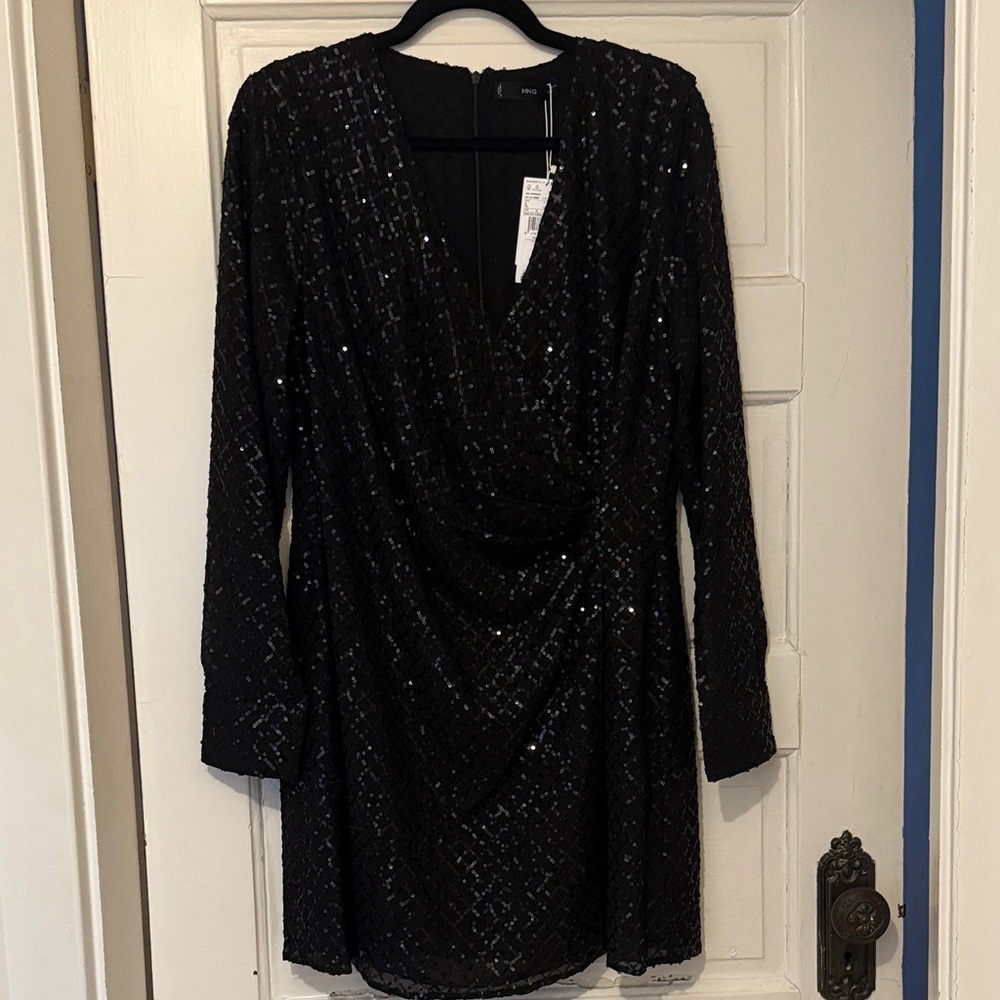 Mango Black Sequin Long Sleeve Dress